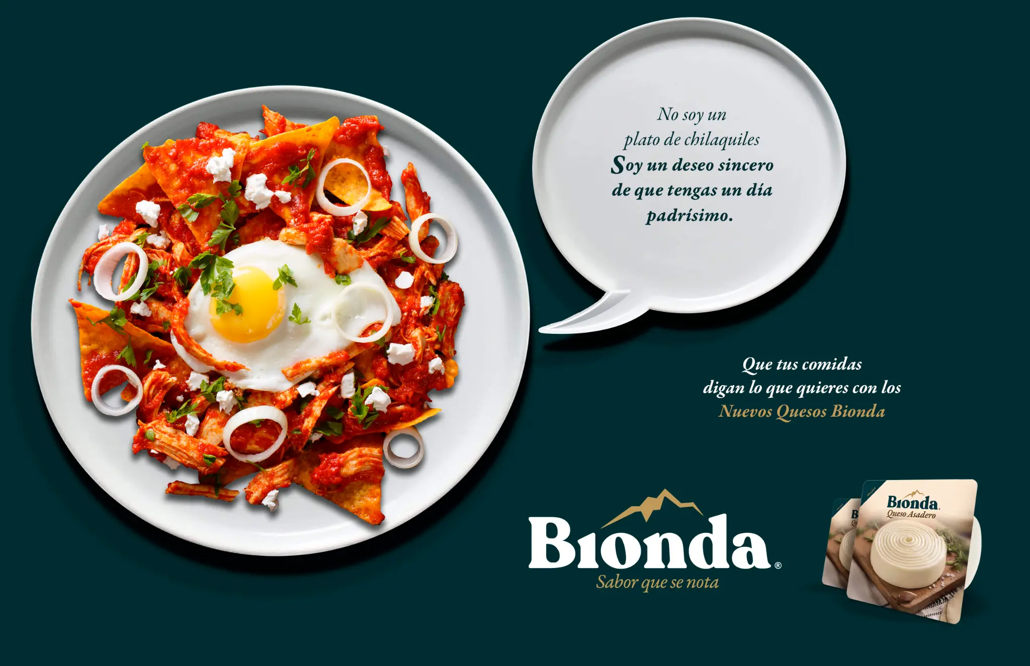Key visual inicial de la campaña Bionda con una preparación de chilaquiles.