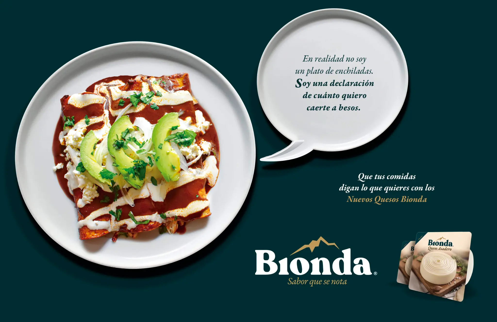Key visual inicial de la campaña Bionda con una preparación de enchiladas.