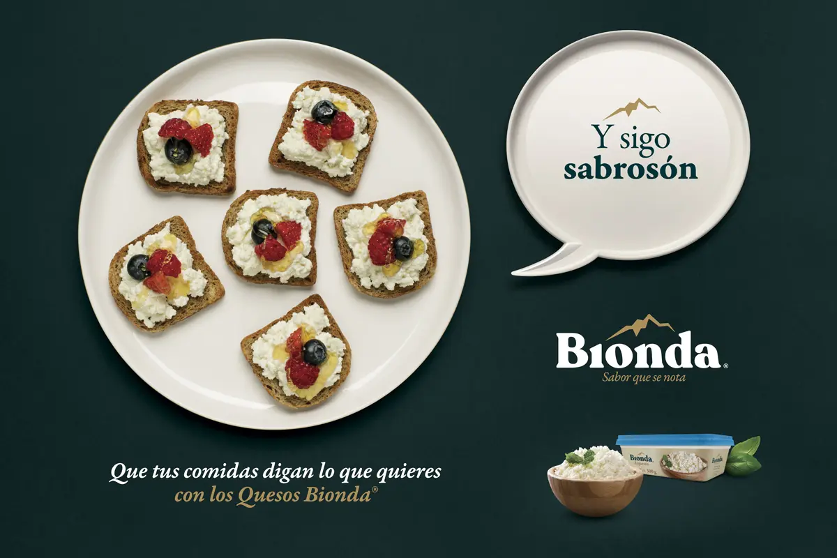 Key visual de soporte de la campaña Bionda con canapés dulces.