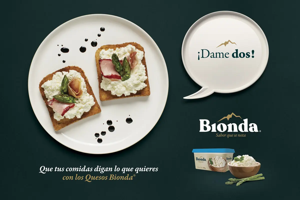 Key visual de soporte de la campaña Bionda con canapés salados.