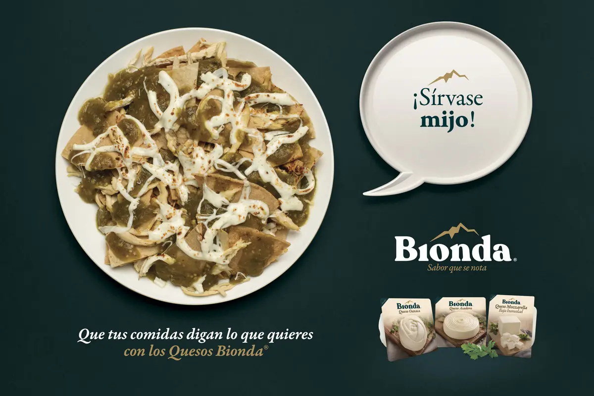 Key visual de soporte de la campaña Bionda con una preparación de chilaquiles.