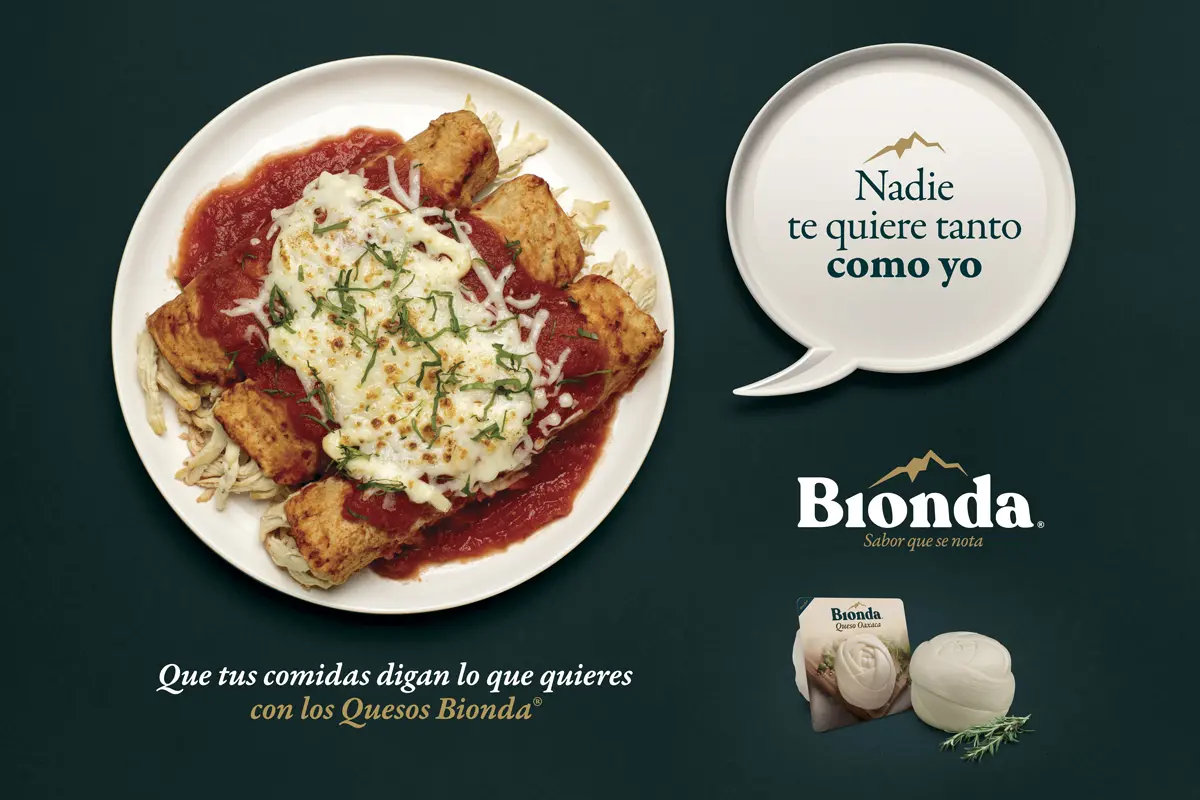 Key visual de soporte de la campaña Bionda con una preparación de enchiladas.