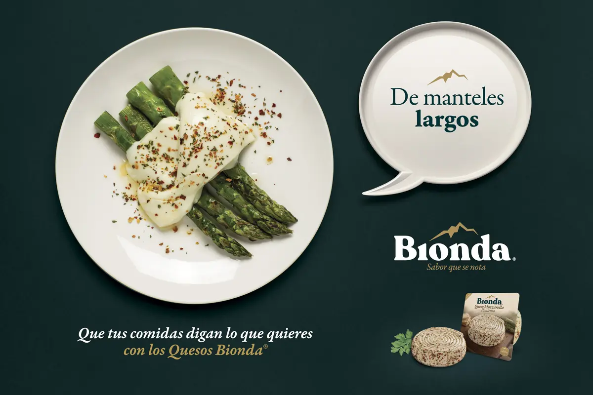 Key visual de soporte de la campaña Bionda con una preparación de espárragos.
