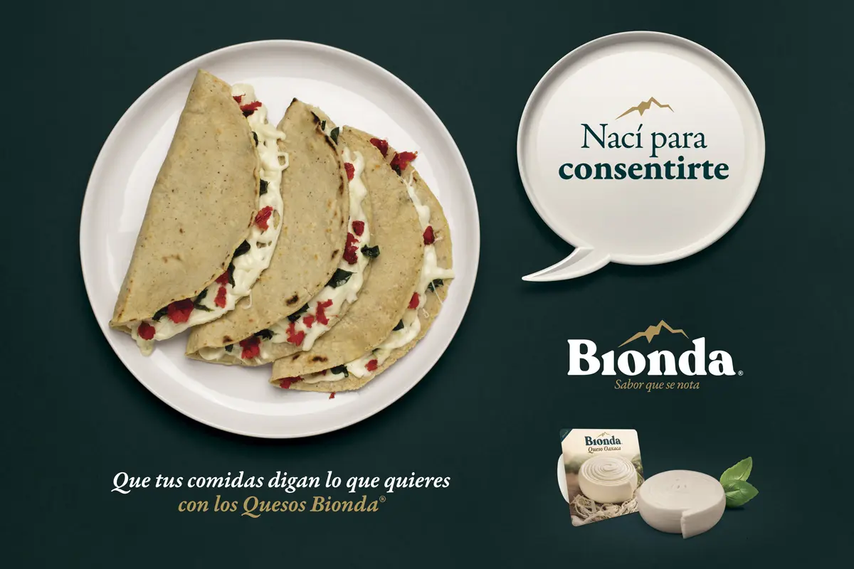 Key visual de soporte de la campaña Bionda con una preparación de quesadillas.