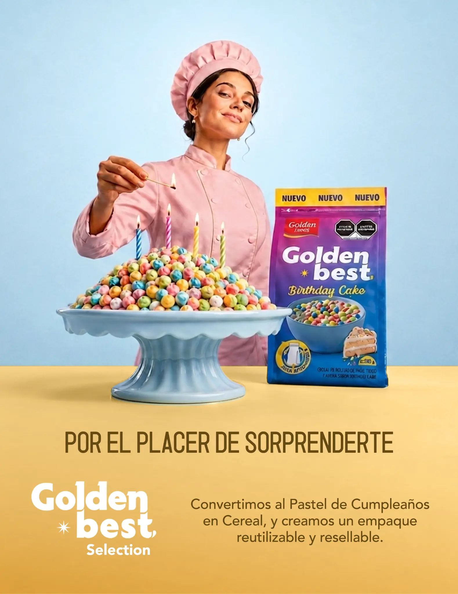 Key visual de Golden Best para el cereal sabor Birthday Cake.