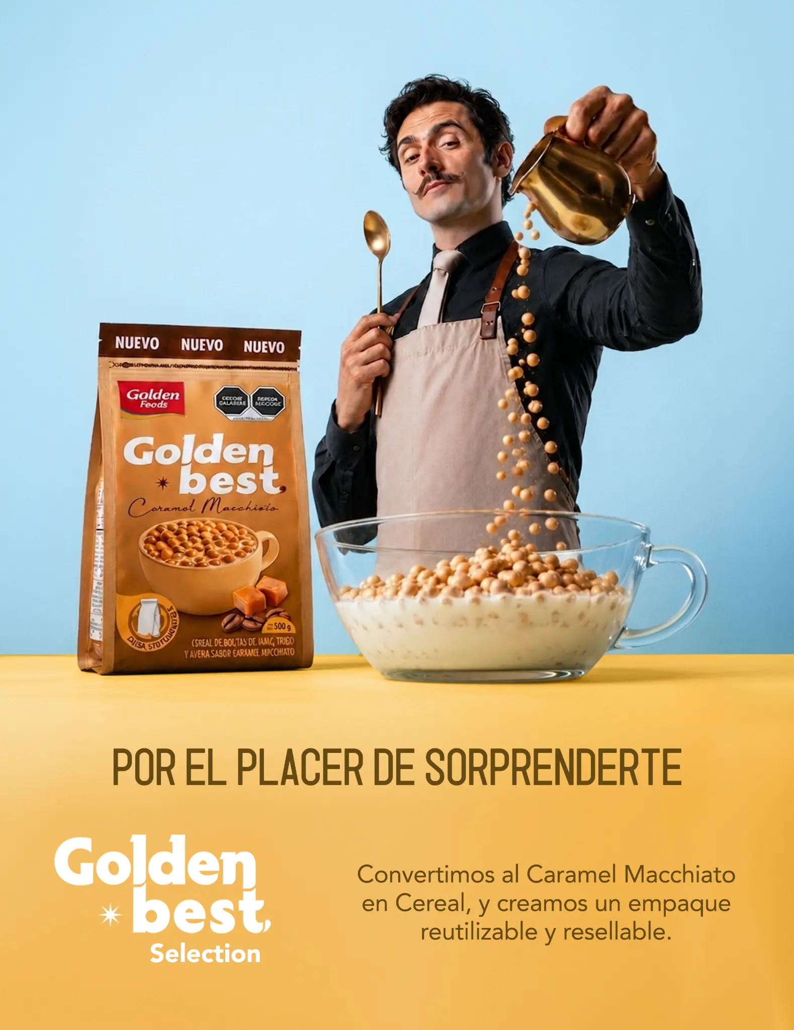 Key visual de Golden Best para el cereal sabor Caramel Macchiato.