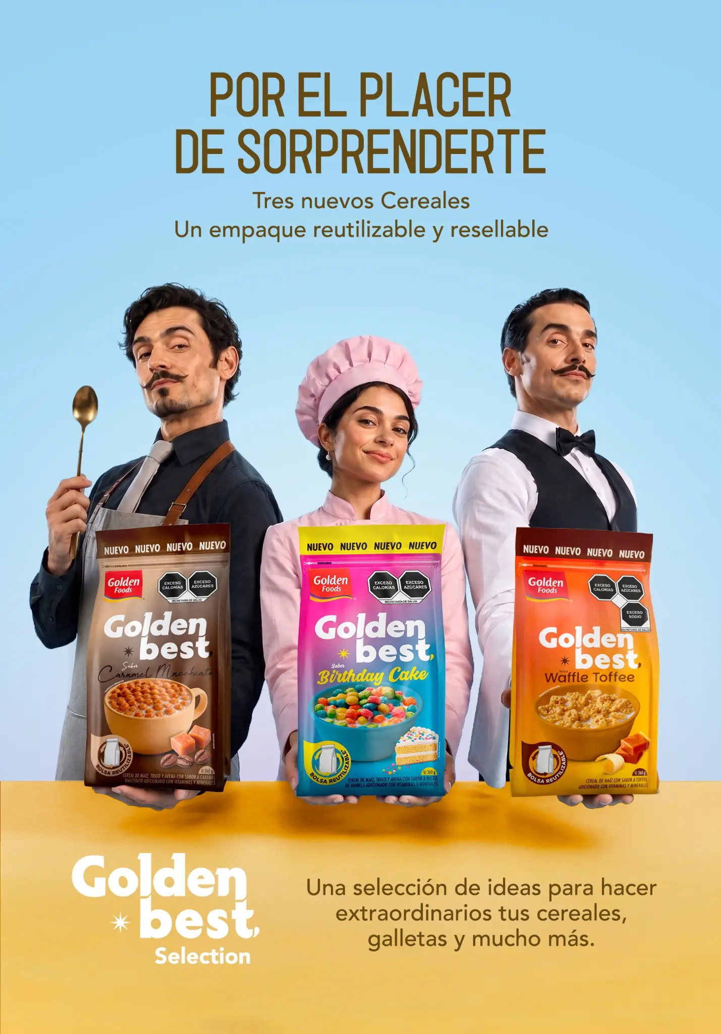 Key visual general de Golden Best con los tres personajes de campaña presentando las variedades Caramel Macchiato, Birthday Cake y Waffle Toffee.