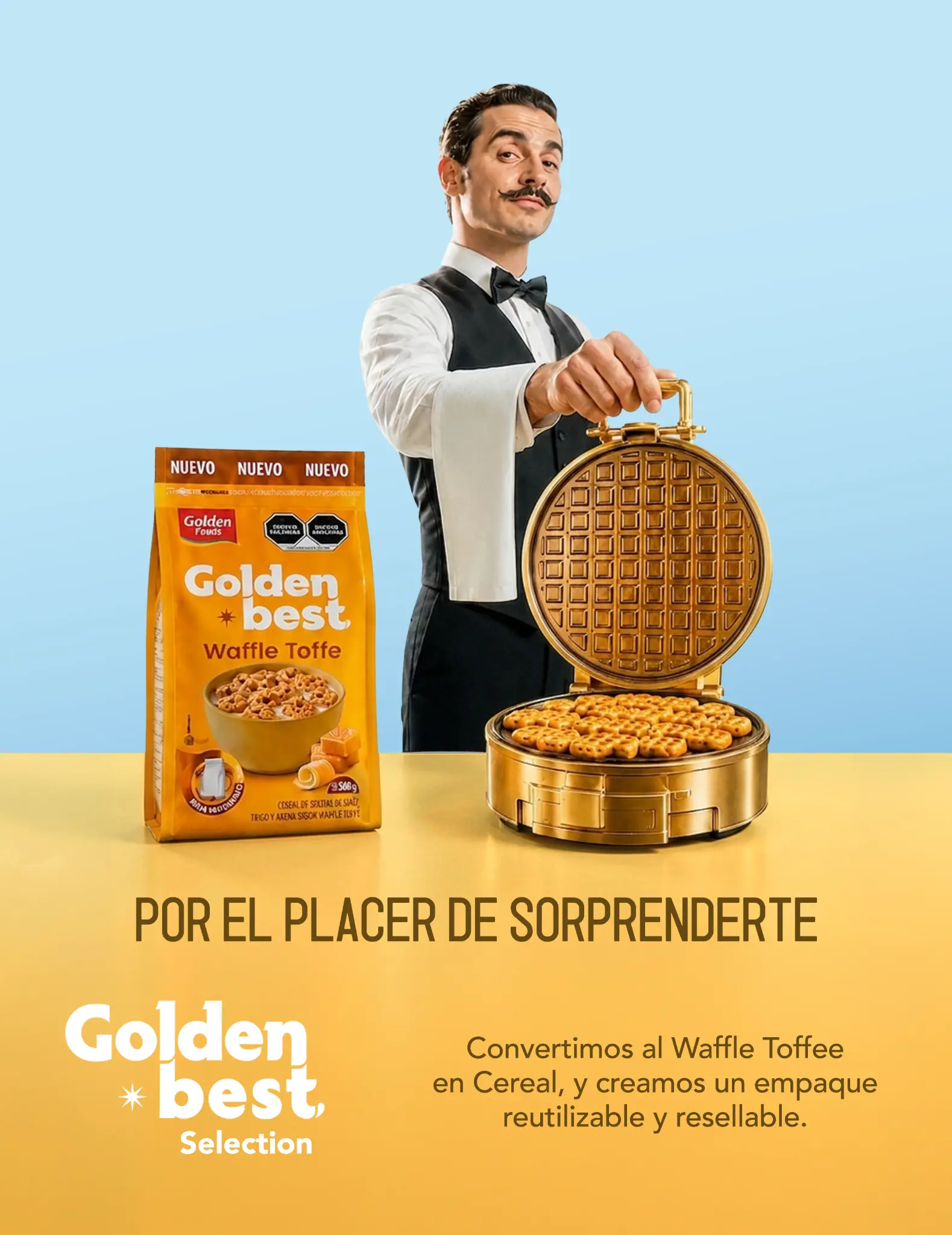 Key visual de Golden Best para el cereal sabor Waffle Toffee.