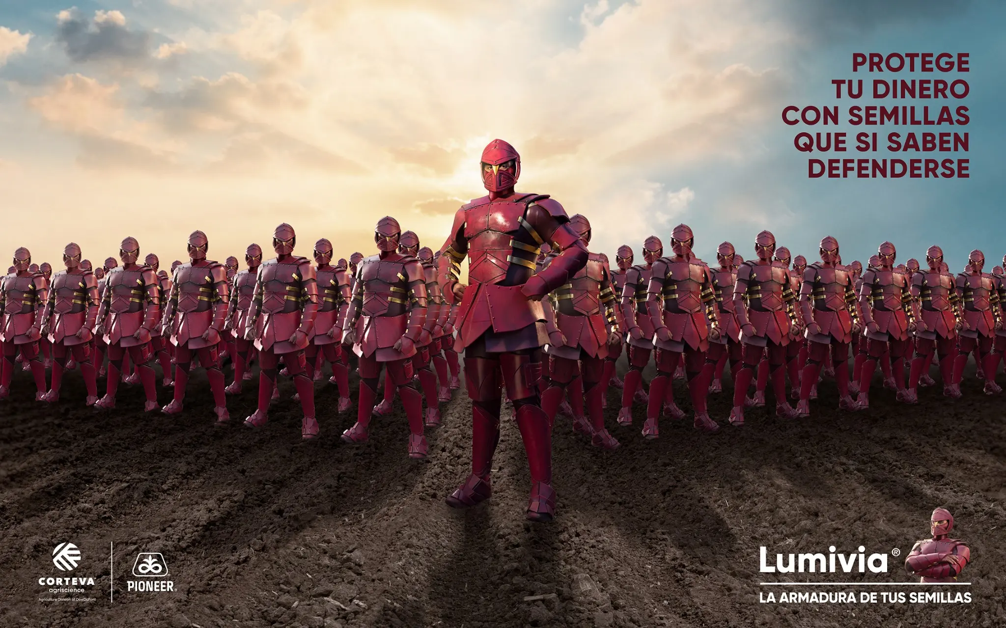 Key visual de la campaña Lumivia con una formación de armaduras protegiendo las semillas.