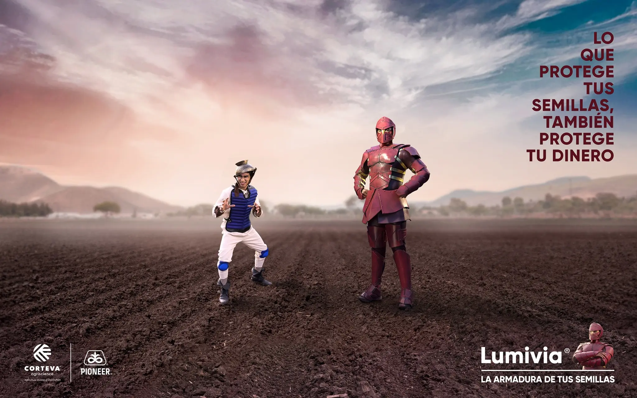 Key visual de la campaña Lumivia con un personaje armadura frente a una amenaza del cultivo.