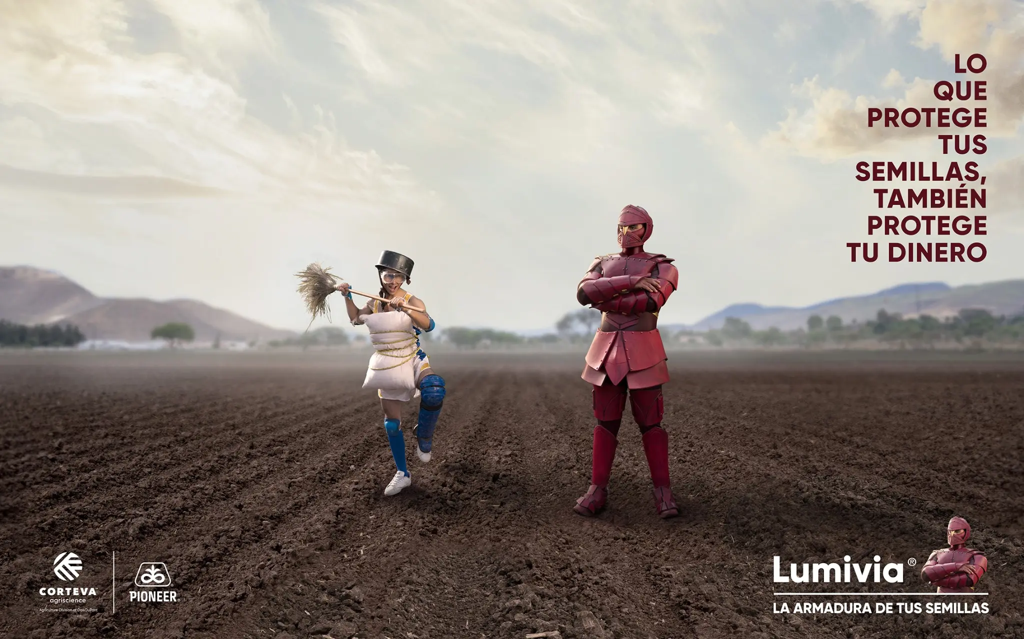 Key visual de la campaña Lumivia con un personaje armadura protegiendo las semillas.
